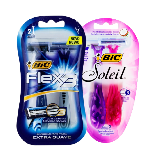 APARELHO BARBEAR BIC SOLEIL ROSA/ROXO C/ 2UN ou FLEX 3 EXTRA SUAVE C/ 2UN